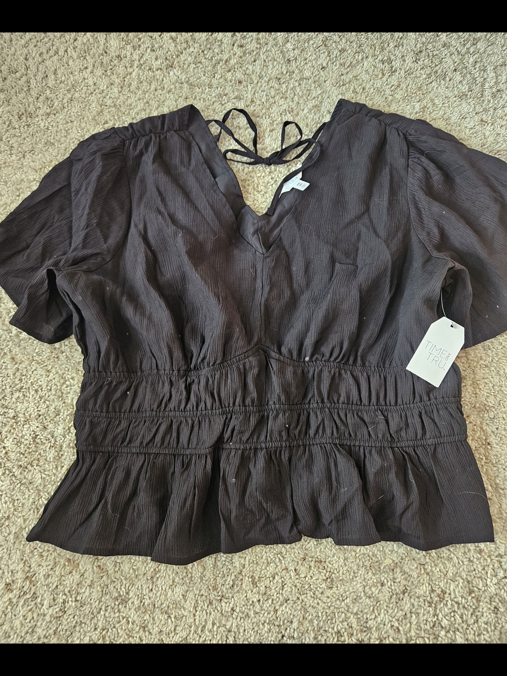 Time and Tru Black V-Neck Smocked Peplum Blouse